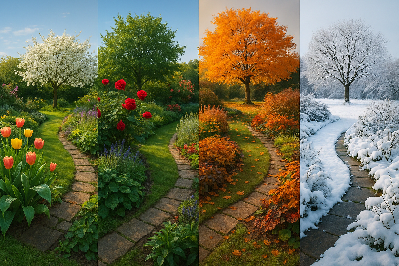 graphic shows a garden across four seasons. Aura created this image with DALLE.