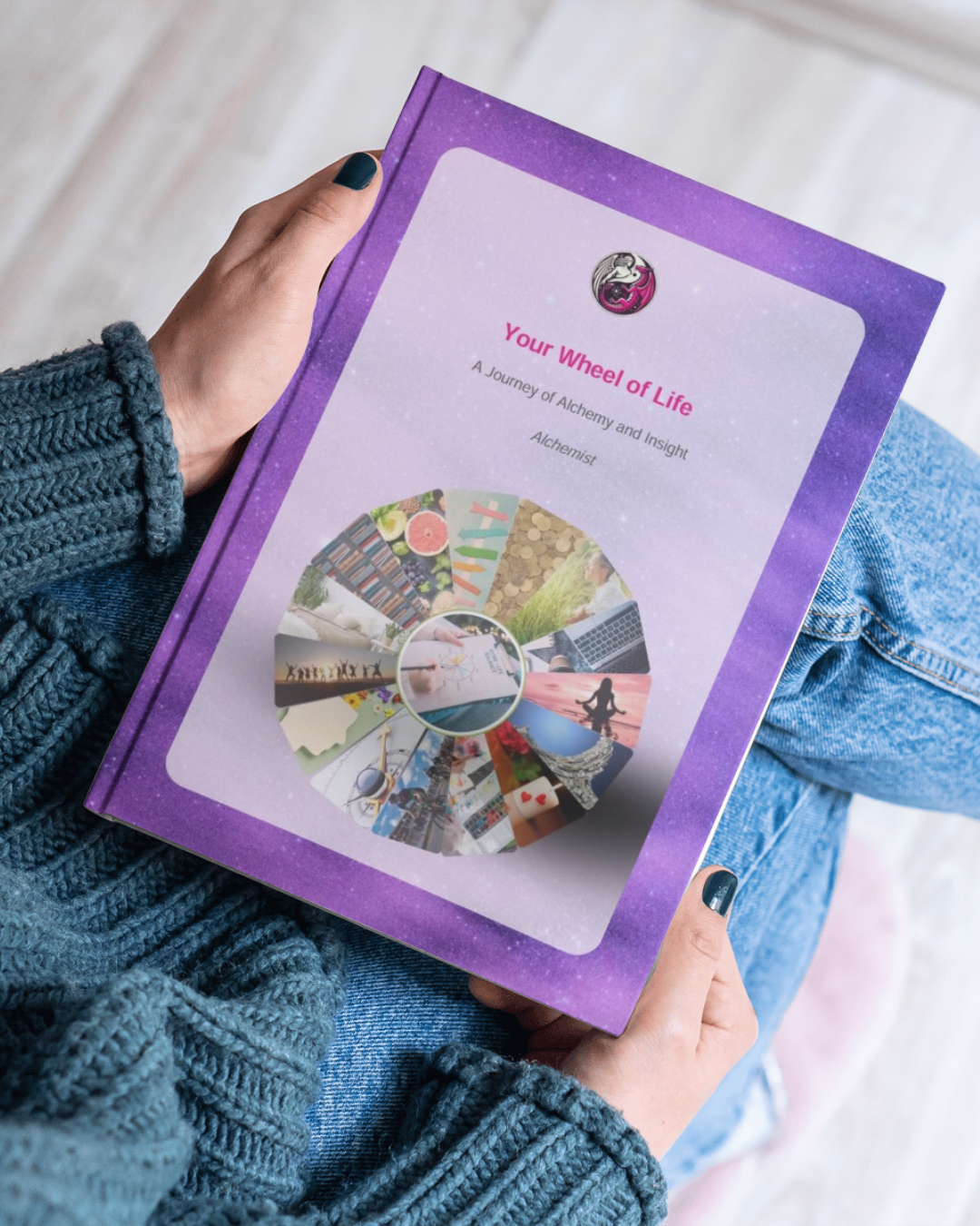 Image shows a woman holding a book on her lap. The cover of the book is the actual cover page of the workbook you can download.