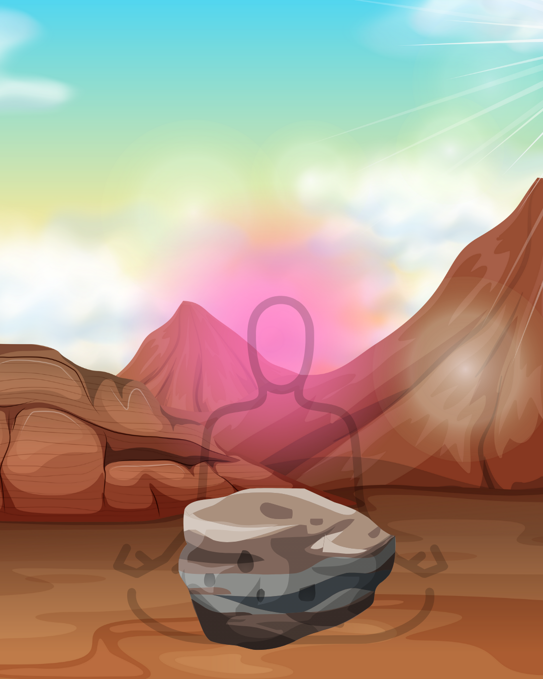 Cartoon style desert gorge with a prominent stone in the foreground. The vague outline of a person can be seen in the same spot as the stone. Image by author in Canva.