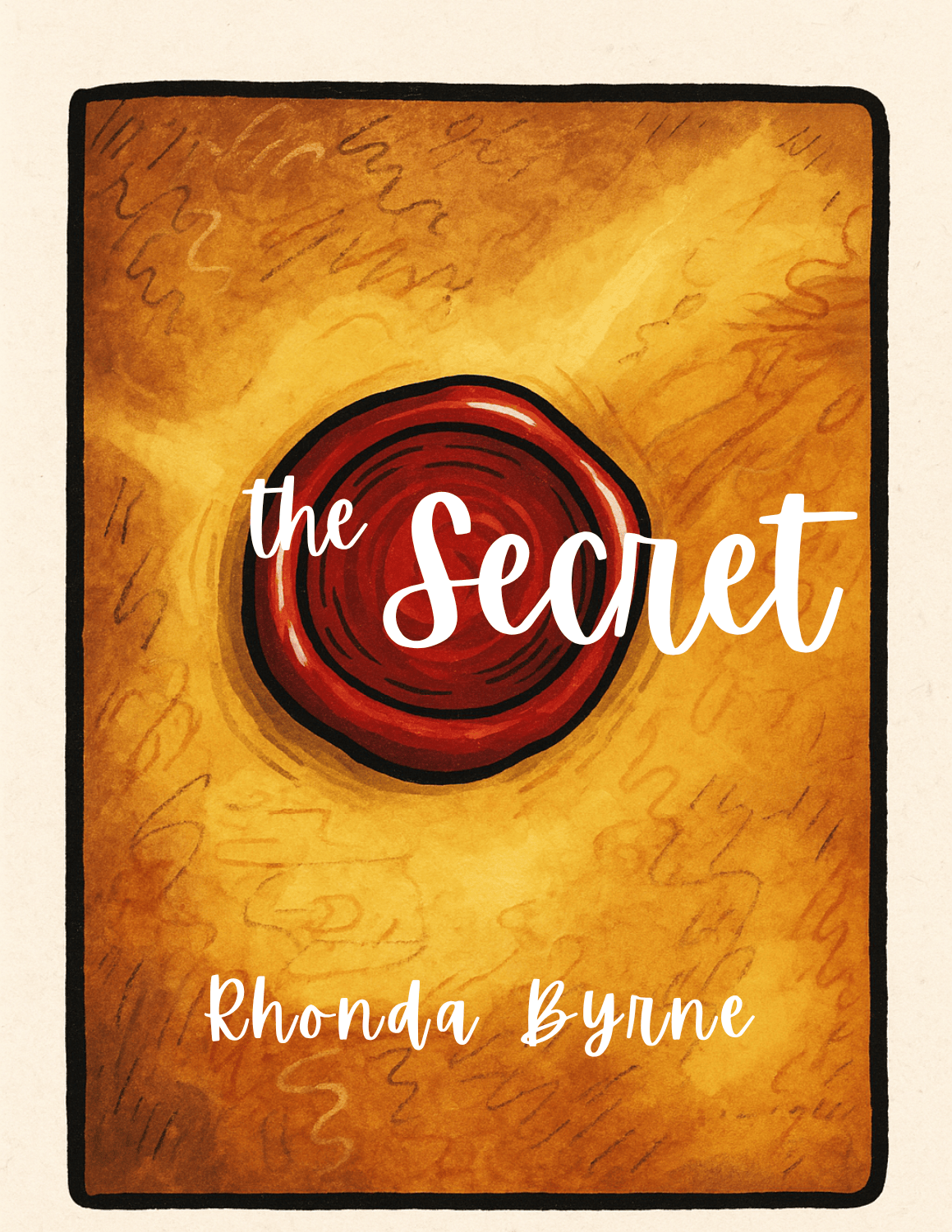 Cartoon image of the cover of The Secret, book by Rhonda Byrne, image by DALLE and the authors.