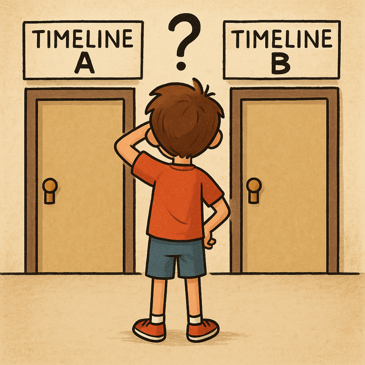 A little boy looks at two doors - one labelled Timeline A, the other Timeline B. He faces a choice. Cartoon image by DALLE and the authors.